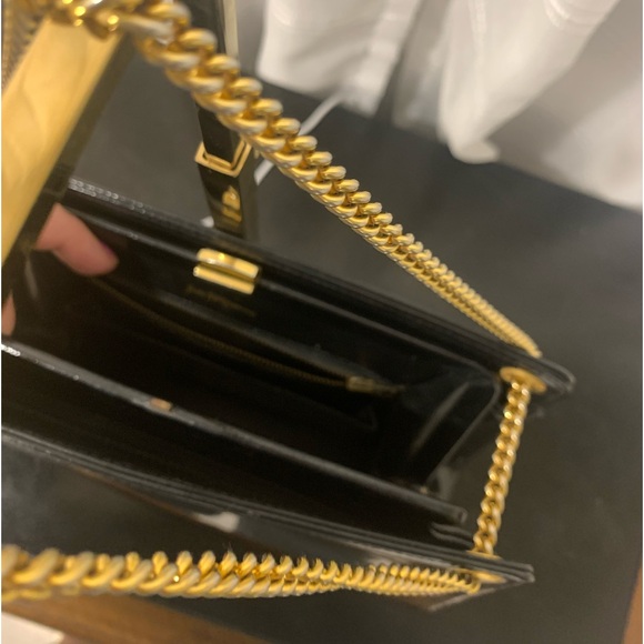 SAKS FIFTH AVENUE Vintage Patent Leather Box Handbag with Gold Chain - Picture 3 of 11